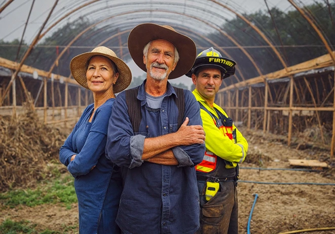 Um casal de agricultores e um bombeiro estão lado a lado. Eles trabalharam com atividades em condições prejudiciais à saúde e estão em busca de um advogado previdenciário especialista em Aposentadoria especial
